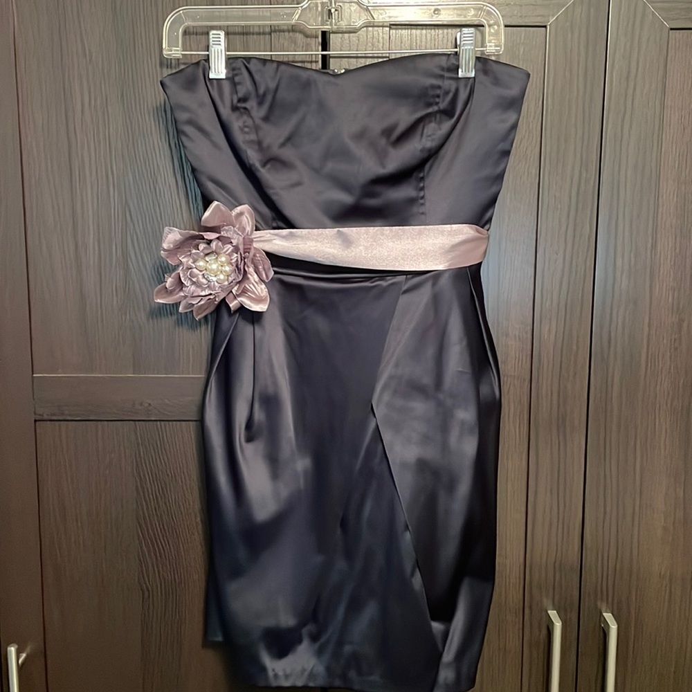 Navy Blue Strapless Homecoming Dress with Silver Jeweled Flower Belt
